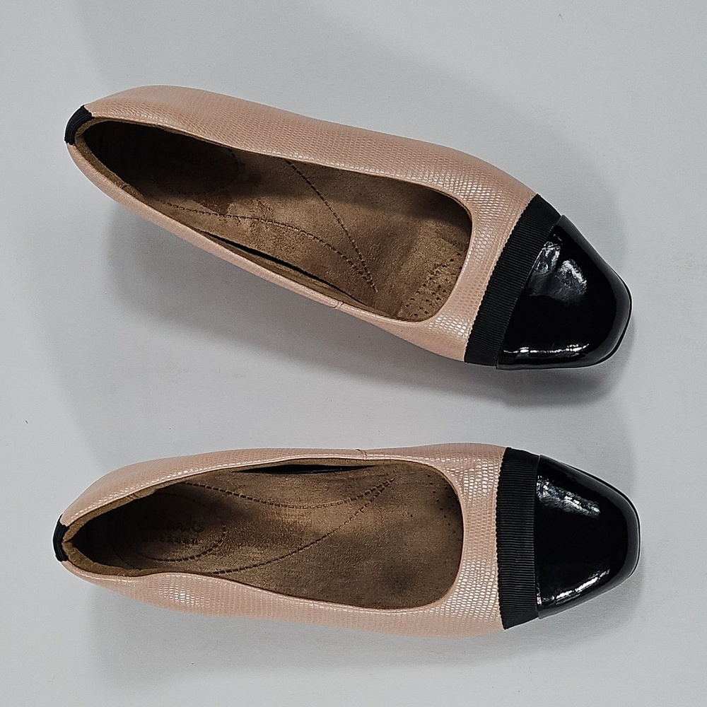Clarks Artisan Keesha Rosa Leather Pink & Black Snakeskin Cap Toe Slip On Flat - Picture 8 of 16